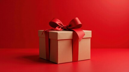 Obraz premium A beige gift box adorned with a vibrant red ribbon bow, presented against a rich red backdrop