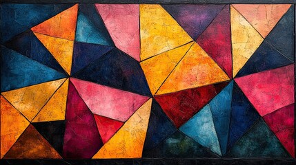 Colorful geometric abstract artwork featuring triangles and vibrant shades on a textured canvas