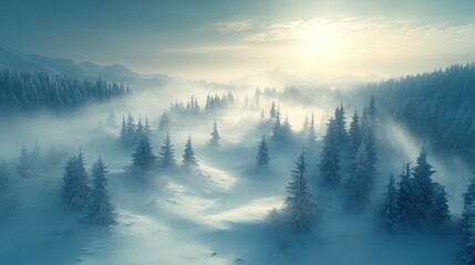 Snowy mountain forest sunrise with fog.