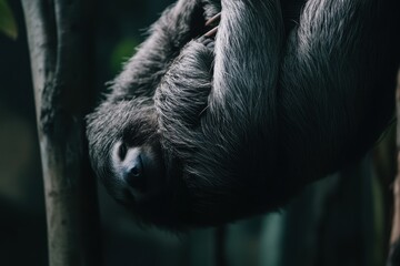 Obraz premium A serene scene of a sloth hanging upside down from a tree branch, peacefully napping.