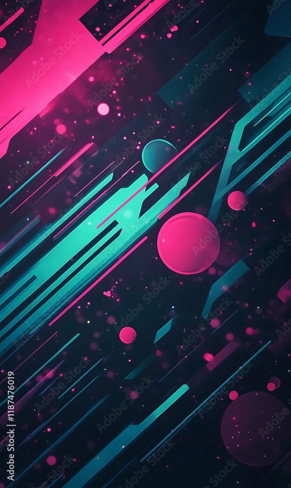 Poster neon green and pink diagonal lines paired with geometric shapes and soft translucent circles in harm