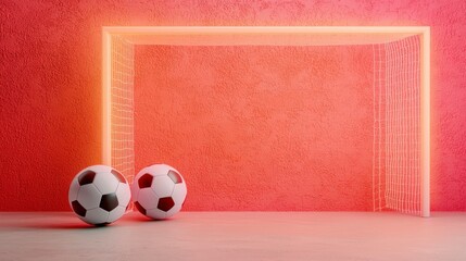 Soccer Goal with Two Footballs on a Stylish Pink Background for Sports and Recreation Themes