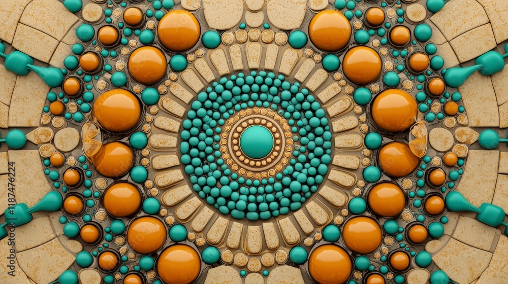 Poster abstract geometric pattern with vibrant orange and turquoise shapes arranged in a circular design on