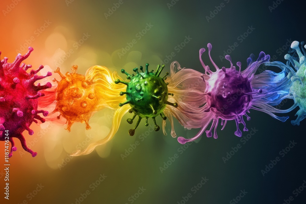 Poster progression of virus forms illustrated from simple structures to complex variations in vibrant color