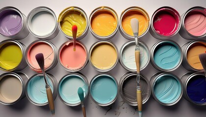 Artistic still life of open paint cans and dipped paintbrushes in vibrant pastel hues, tastefully arranged on a crisp white background.
