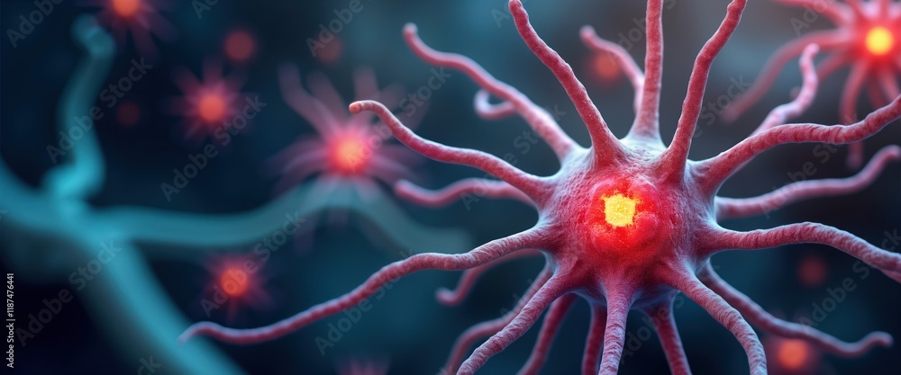 Poster Detailed 3D illustration of nerve cell. Focus on intricate neuron structure. Intricate network of nerve cells. Visualizes complex nervous system. Microbiology render. Scientific art design style.