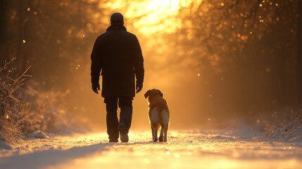 Man and dog walking snowy path at sunset in winter woods.