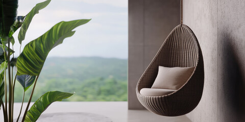 Suspended chair with pillows in living room interior. Swing armchair in a modern apartment