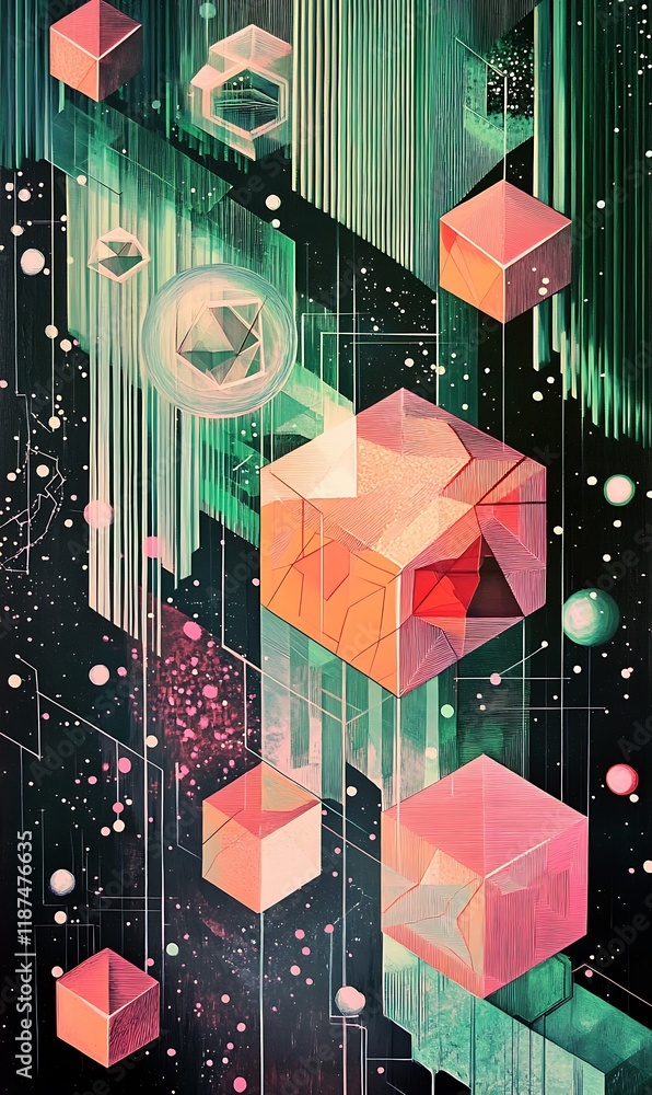 Poster neon green and pink diagonal stripes with floating shapes and see-through circles on a modern design