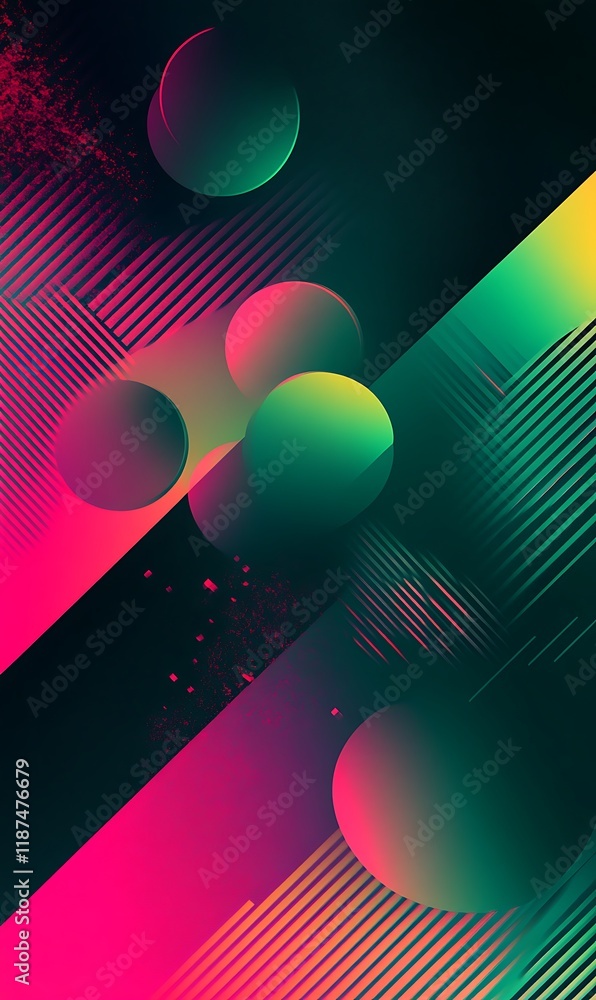 Poster neon green and pink diagonal stripes with floating shapes and see-through circles on a modern design