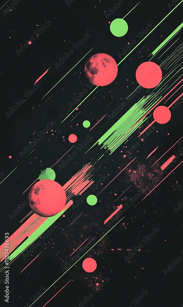 Poster neon green and pink diagonal stripes with floating shapes and see-through circles on a modern design