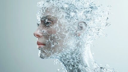 Human figure composed of translucent water, highlighting beauty and fragility in modern art