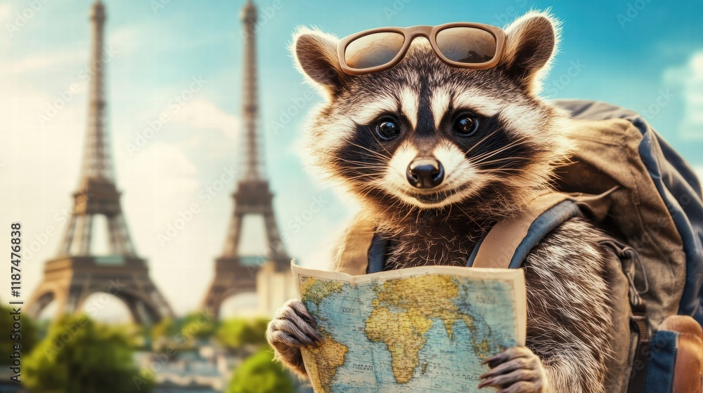 Poster raccoon exploring iconic landmarks with a map and backpack while wearing sunglasses on a sunny day. 