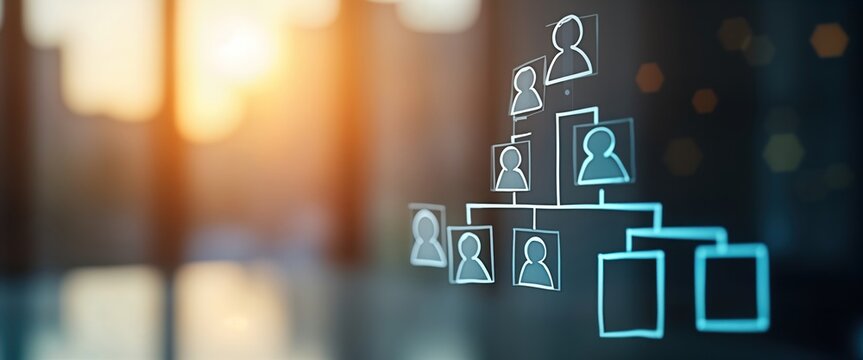 Sunrise illuminates organizational chart. White lines, icons show structure. Transparent overlay on blurred background. Business chart concept. Modern, clean visual. Illustrates hierarchy, workflow.