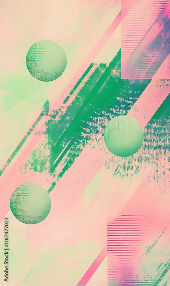 Poster Bright neon diagonal lines in green and pink with floating shapes and translucent glowing circles.