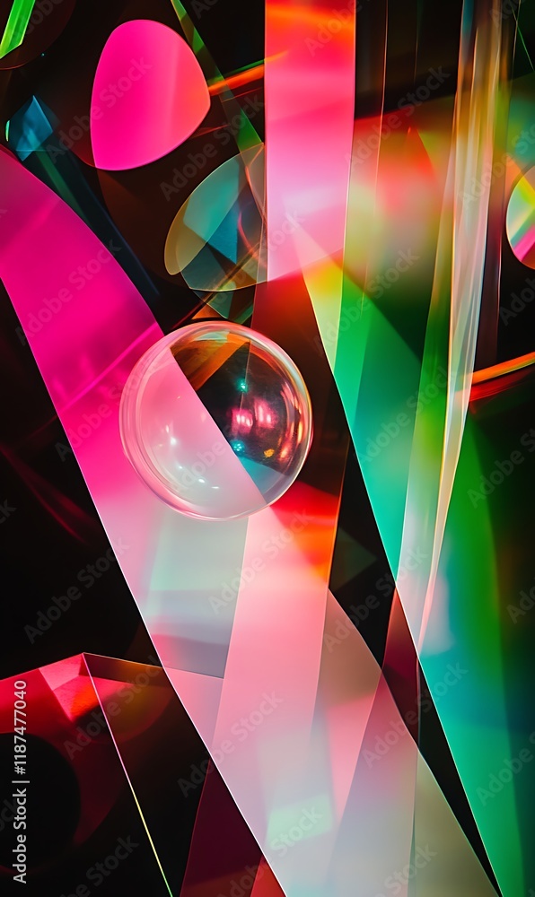 Poster bright neon diagonal lines in green and pink with floating shapes and translucent glowing circles.