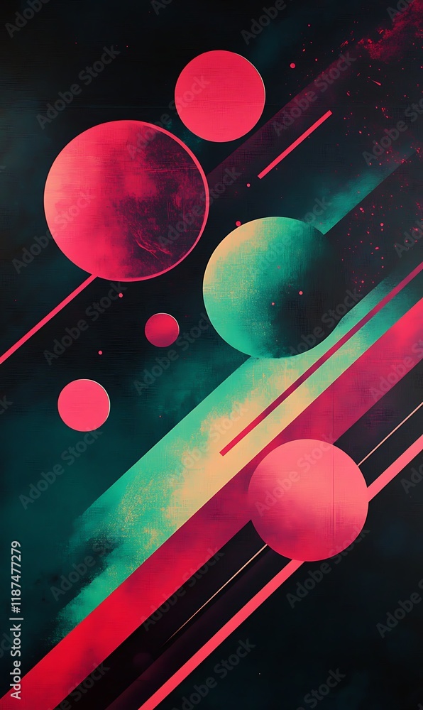 Poster abstract neon green and pink lines with translucent circles and geometric shapes floating in a patte