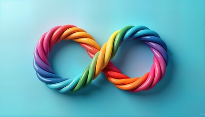 Fototapeta premium Rainbow infinity symbol on light blue background. Colorful twisted ribbons form symbol. Vibrant design suitable for neurodiversity awareness. Modern abstract art. Endless loop. Bright colours. Great