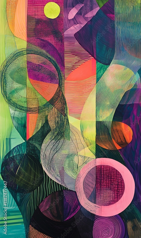Poster diagonal neon green and pink lines with floating shapes and transparent circles in a futuristic desi