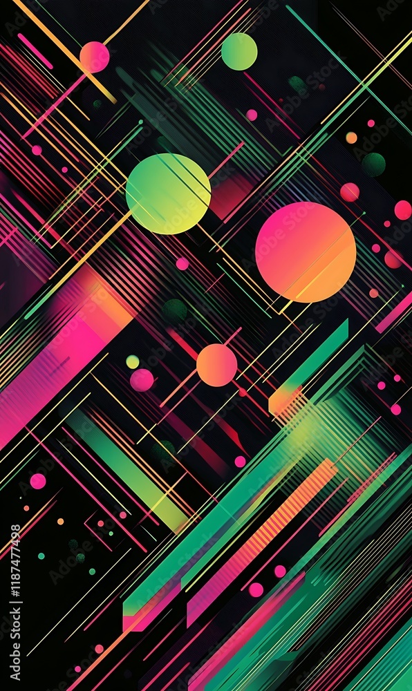 Poster diagonal lines in alternating neon greens and pinks, with floating geometric shapes and translucent 