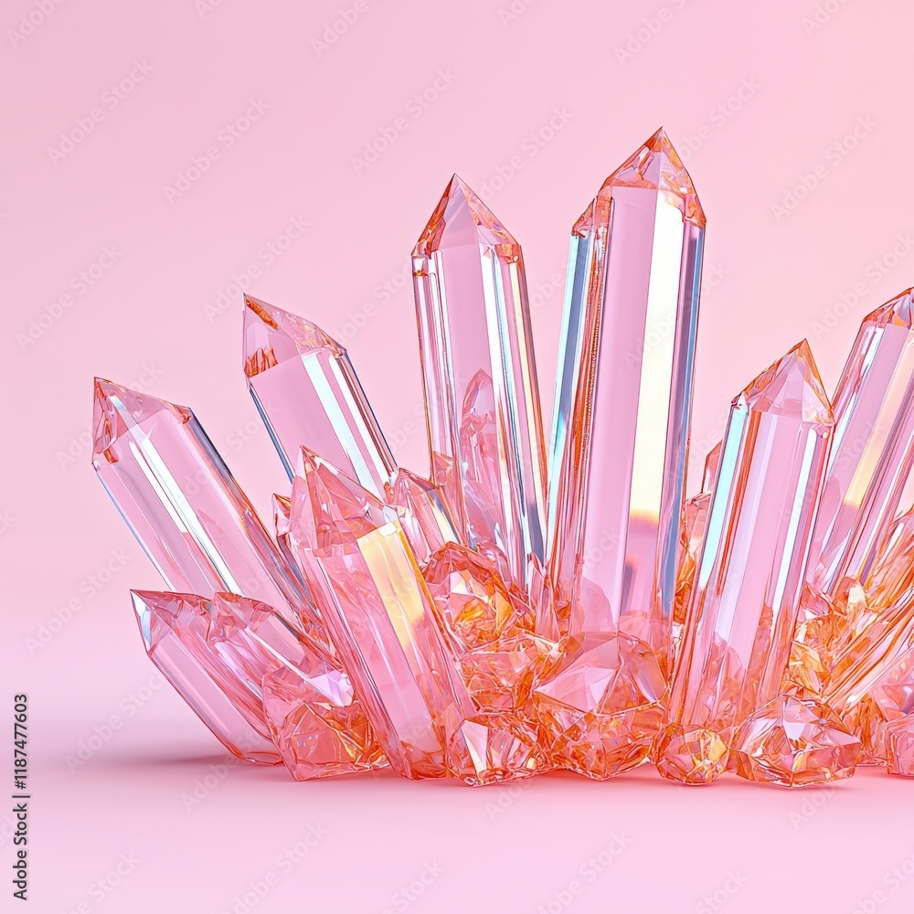 Poster glimmering rose quartz crystals with sharp edges and iridescent reflections on a soft pink backgroun