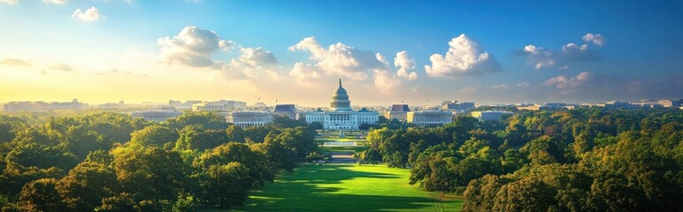 Majestic Capitol Building Stands Tall Amidst Lush Green Landscape in Washington DC Skyline with Vibrant Sunset Glow over the City
