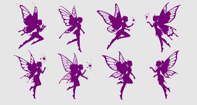 Cute Fairy art. Beautiful Fairies silhouette collection, Little fairies set. Hand drawn vector illustration

