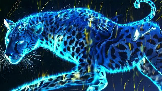Neon Glowing Leopard in Motion with Electric Blue Streaks