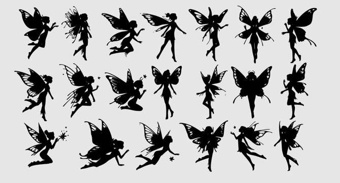 Cute Fairy art. Beautiful Fairies silhouette collection, Little fairies set. Hand drawn vector illustration
