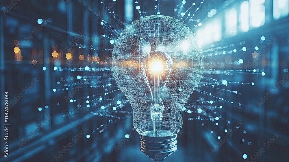 Aufkleber illuminated light bulb surrounded by glowing networks of data and connections in a digital space at 