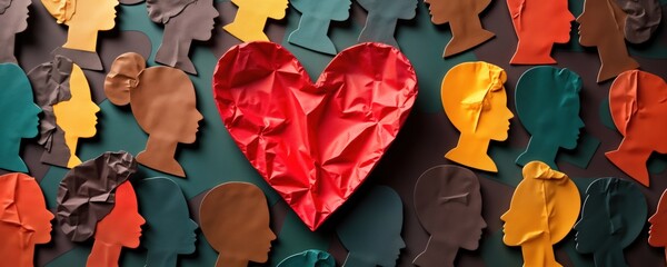 Diverse people represented by colorful profile pictures. Central heart shape love, unity within diverse group. Celebration of diversity, cultural heritage. Image conveys message of inclusivity,