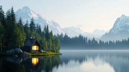 Fototapeta premium A cabin nestles on a small island amidst a tranquil lake, encircled by majestic pine trees and towering mountains