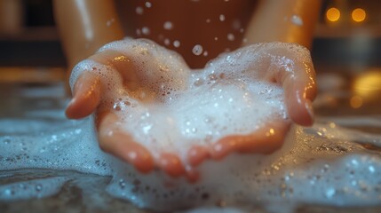 Fototapeta premium Close-up of hands cupping fluffy bath foam.