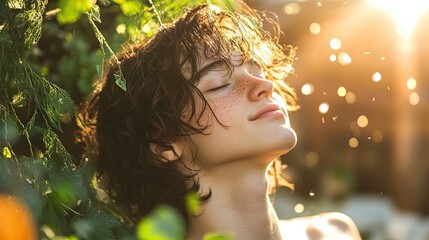 Fototapeta premium Young person enjoying sunlight surrounded by greenery in a tranquil outdoor setting during late afternoon