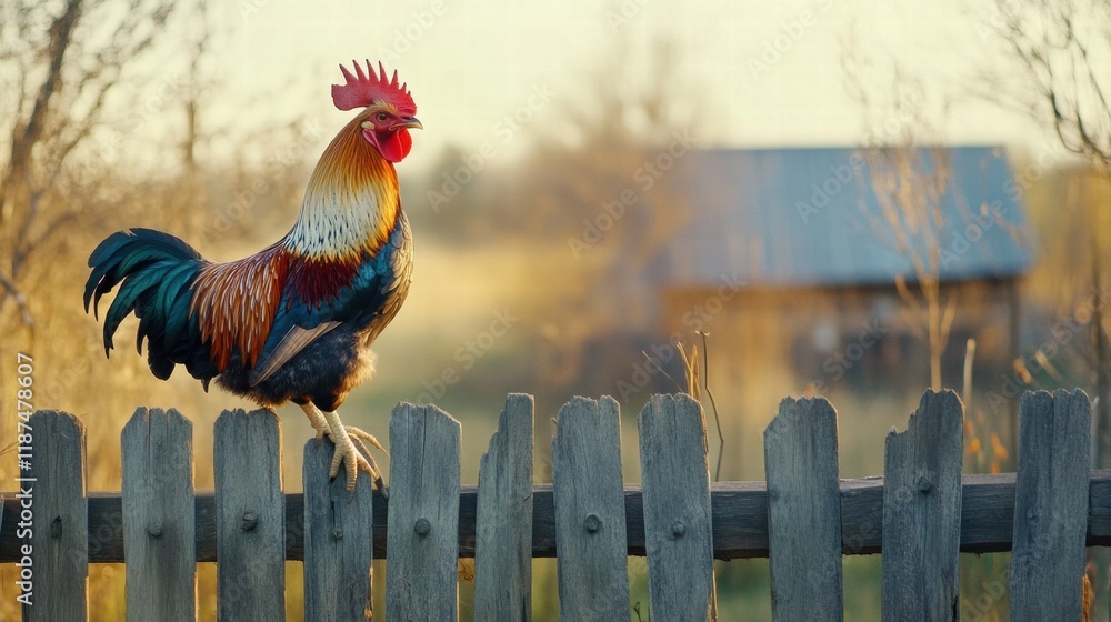 Aufkleber rooster perched on a wooden fence with a serene background at golden hour in a rural setting. genera