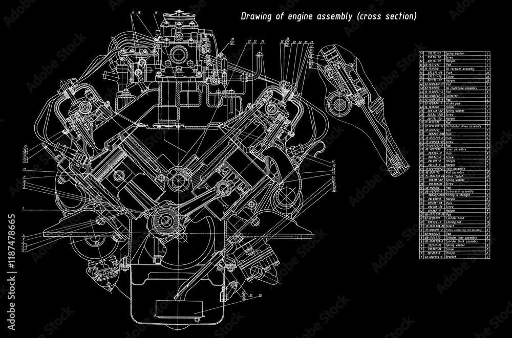 Poster engine assembly of cargo vehicle. engineering mechanical drawing of automotive device. industrial ca