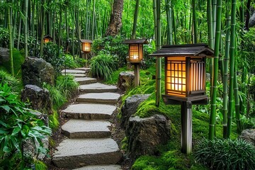 Naklejka premium Meditation Garden with Stone Pathways and Lanterns: Peaceful garden with stone paths, Japanese lanterns, and bamboo plants, ideal for meditation