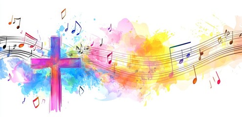A contemporary illustration design incorporating a vibrant cross and music staff, perfect for gospel church music and concerts, choir singing events, Christian themes, and prayer services.