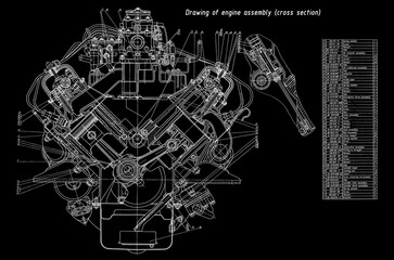 Engine assembly of cargo vehicle.
Engineering mechanical drawing of automotive
device. Industrial cad scheme on paper sheet. 
Technology design of machine building industry. 
Machined template.