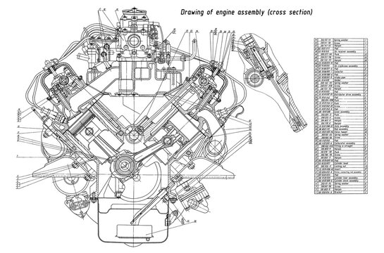 Engine assembly of cargo vehicle.
Engineering mechanical drawing of automotive
device. Industrial cad scheme on white paper sheet. 
Technology design of machine building industry. 
Machined template.