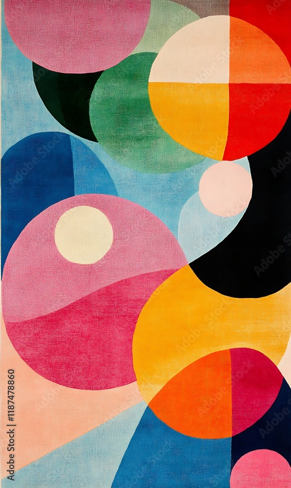 Poster alternating soft and bold diagonal patterns with colorful circles and geometric elements floating ar