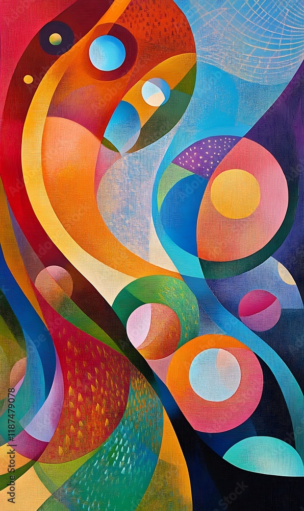 Poster Vibrant diagonal lines in pastel and vivid hues with floating circles and abstract shapes