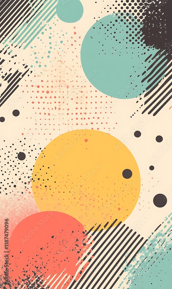 Poster floating geometric shapes with colorful diagonal lines in soft and vivid hues, plus circular details
