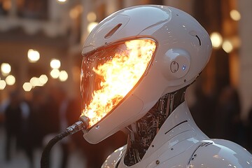 White Robot Head Engulfed In Flames