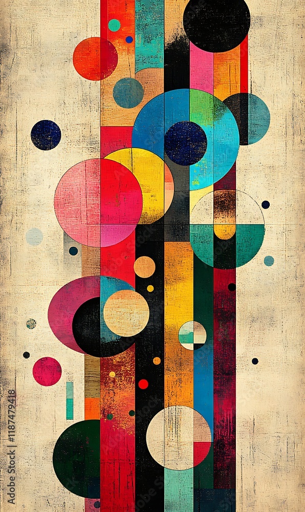 Poster Soft and bright diagonal lines with floating geometric shapes and colorful circular patterns.