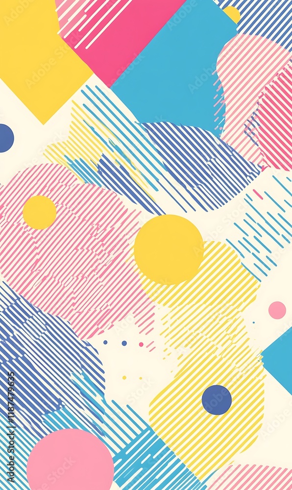 Poster a mix of diagonal lines in soft and bright tones, with circles and geometric shapes scattered.