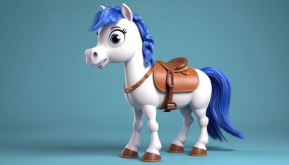 A cheerful 3D rendering of a cartoon pony wearing a saddle, perfect for children's books, websites, or apps.
