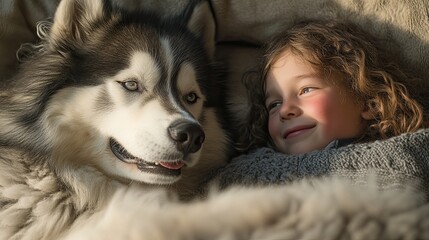 Child and Siberian husky relax together on a cozy couch in a warm living room during a sunny afternoon