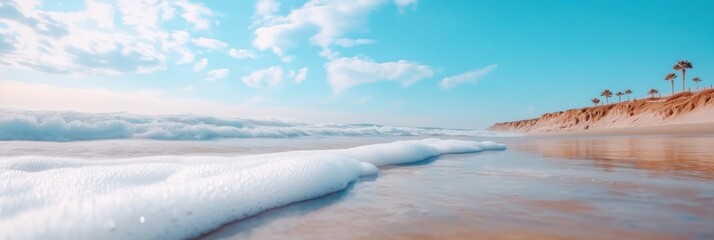 Soft ocean waves wash onto a sandy beach as clouds drift overhead in the distance