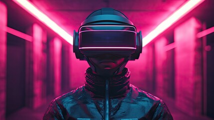 Futuristic figure in glowing corridor wearing virtual reality headset during late night in a neon-lit urban environment